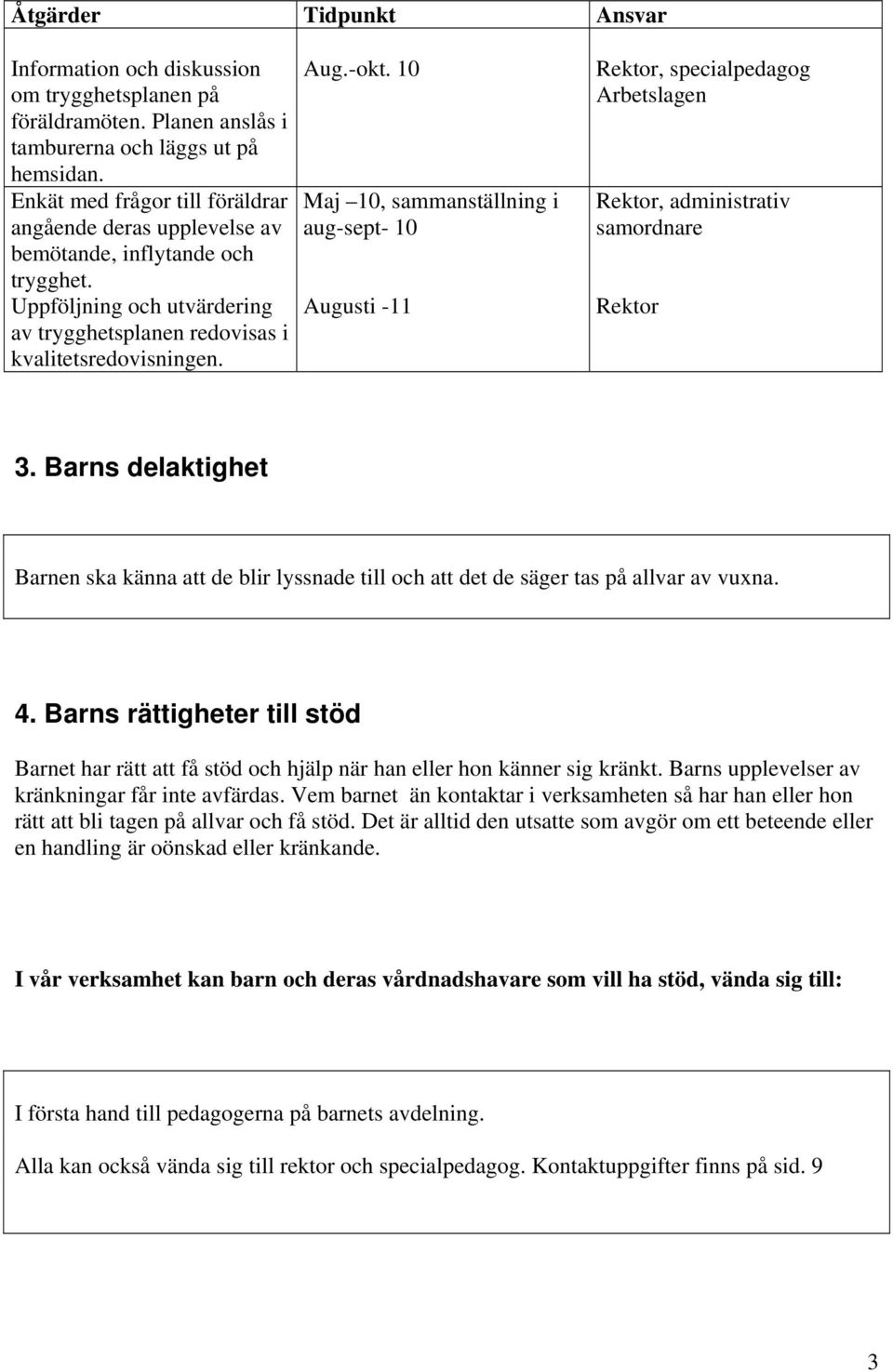 10 Maj 10, sammanställning i aug-sept- 10 Augusti -11 Rektor, specialpedagog Rektor, administrativ samordnare Rektor 3.