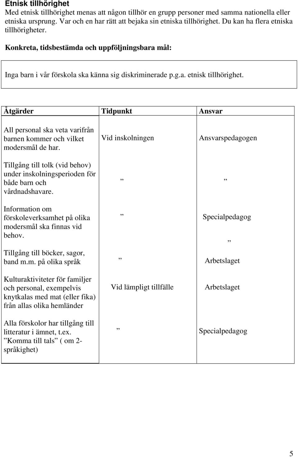 All personal ska veta varifrån barnen kommer och vilket modersmål de har. Tillgång till tolk (vid behov) under inskolningsperioden för både barn och vårdnadshavare.