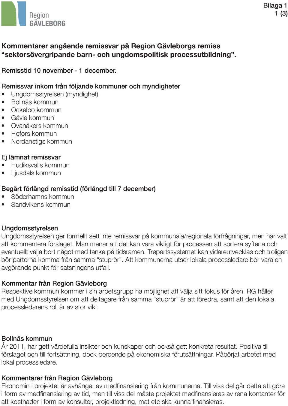 Hudiksvalls kommun Ljusdals kommun Begärt förlängd remisstid (förlängd till 7 december) Söderhamns kommun Sandvikens kommun Ungdomsstyrelsen Ungdomsstyrelsen ger formellt sett inte remissvar på