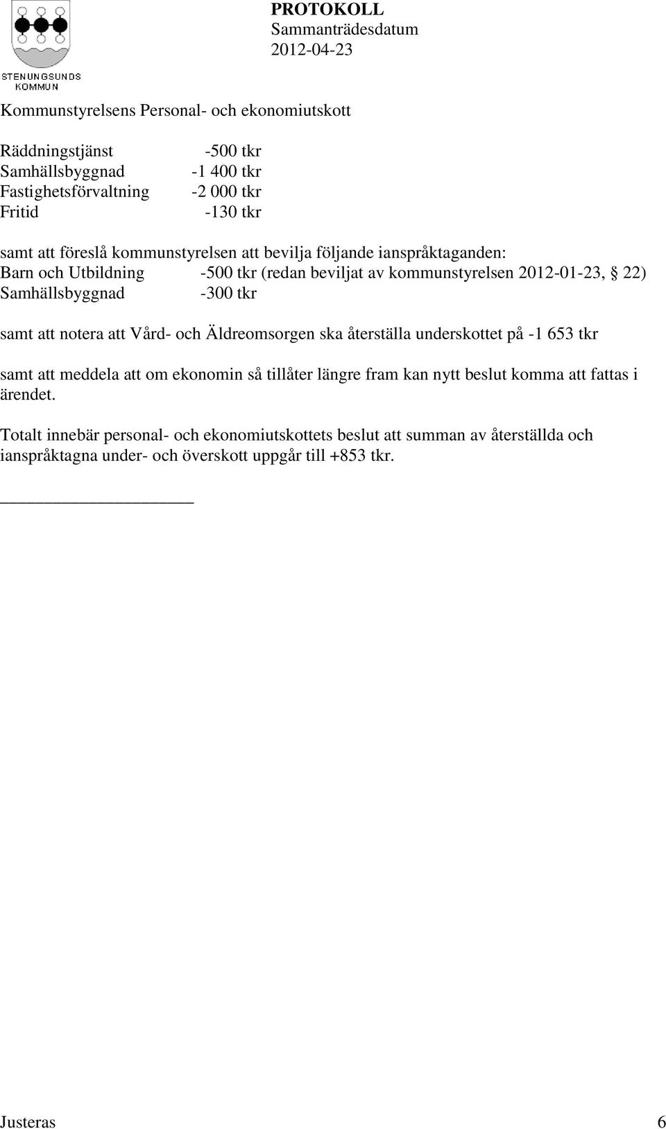 Vård- och Äldreomsorgen ska återställa underskottet på -1 653 tkr samt att meddela att om ekonomin så tillåter längre fram kan nytt beslut komma att