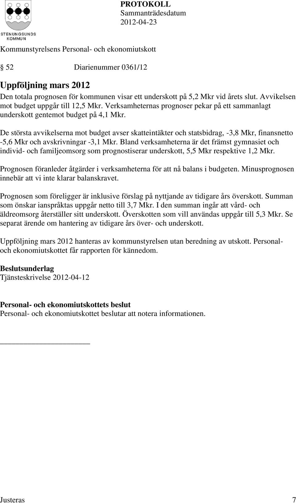 De största avvikelserna mot budget avser skatteintäkter och statsbidrag, -3,8 Mkr, finansnetto -5,6 Mkr och avskrivningar -3,1 Mkr.