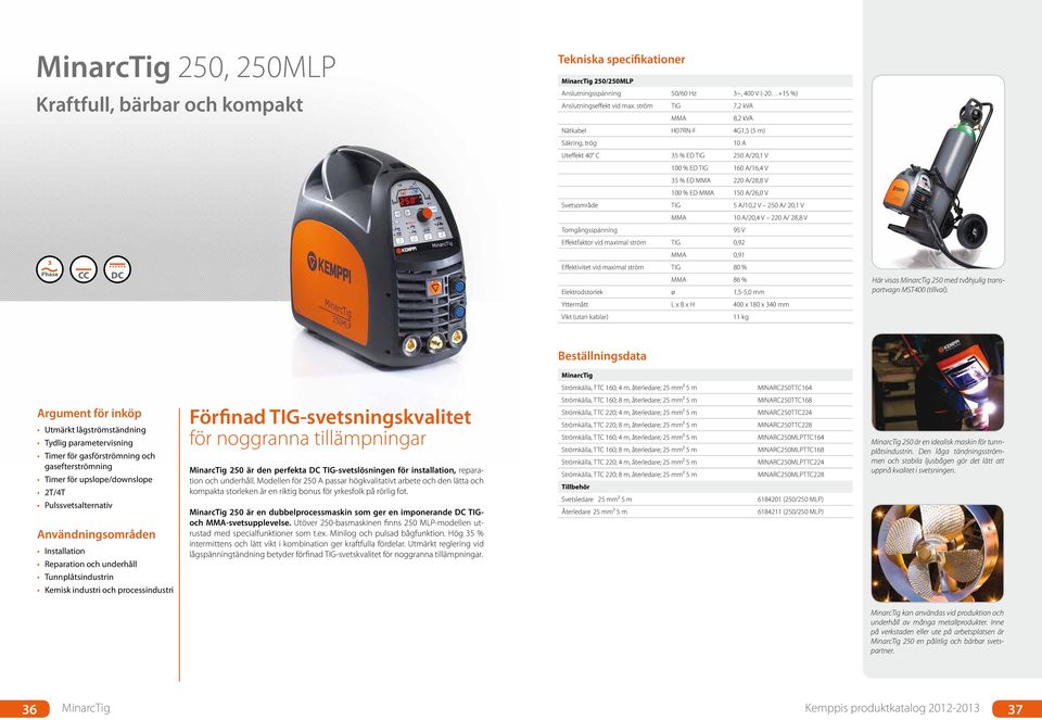 Svetsområde TIG 5 A/10,2 V 250 A/ 20,1 V MMA 10 A/20,4 V 220 A/ 28,8 V Tomgångsspänning 95 V Effektfaktor vid maximal ström TIG 0,92 MMA 0,91 Effektivitet vid maximal ström TIG 80 % MMA 86 %