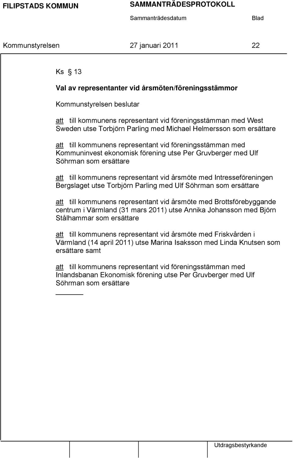 årsmöte med Intresseföreningen Bergslaget utse Torbjörn Parling med Ulf Söhrman som ersättare att till kommunens representant vid årsmöte med Brottsförebyggande centrum i Värmland (31 mars 2011) utse