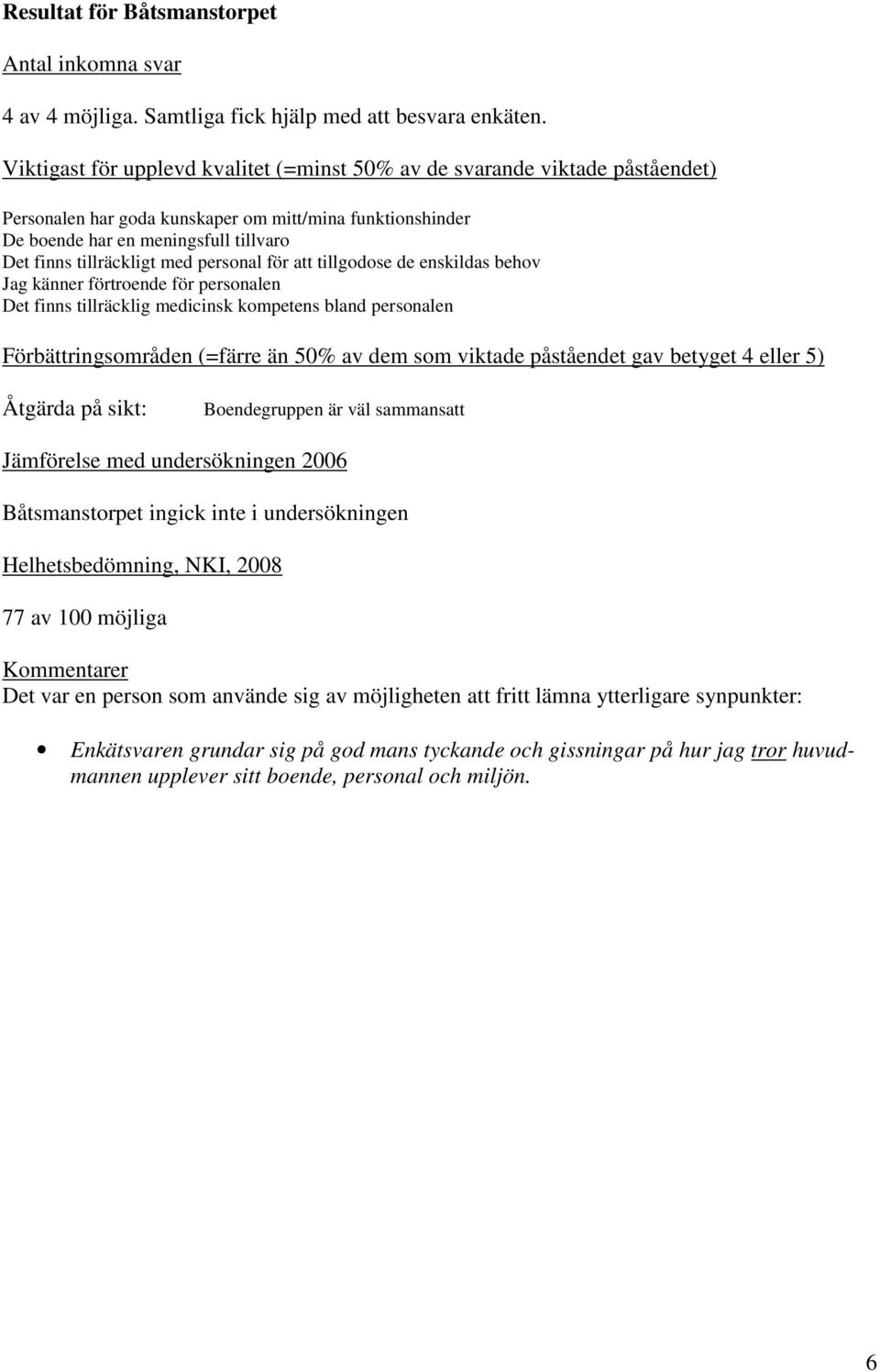 tillräckligt med personal för att tillgodose de enskildas behov Jag känner förtroende för personalen Det finns tillräcklig medicinsk kompetens bland personalen Åtgärda på sikt: Boendegruppen är