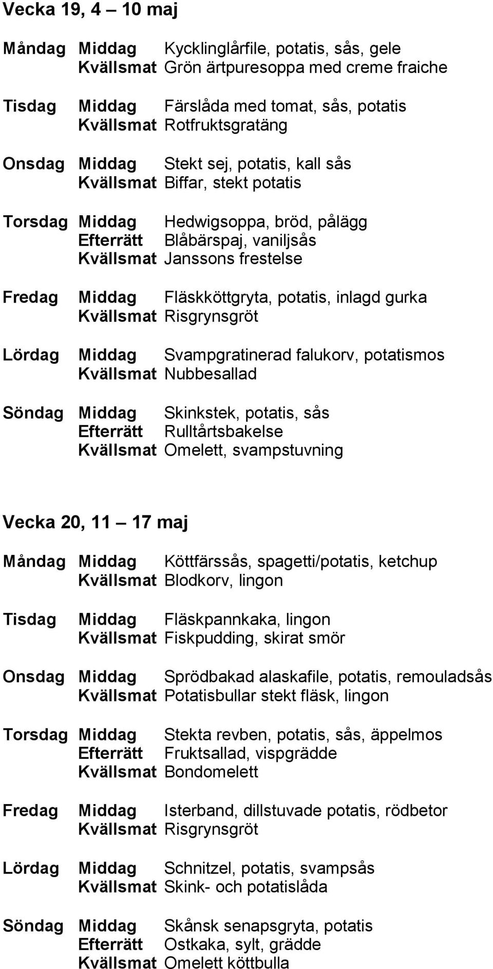 potatis, inlagd gurka Lördag Middag Svampgratinerad falukorv, potatismos Kvällsmat Nubbesallad Söndag Middag Skinkstek, potatis, sås Efterrätt Rulltårtsbakelse Kvällsmat Omelett, svampstuvning Vecka