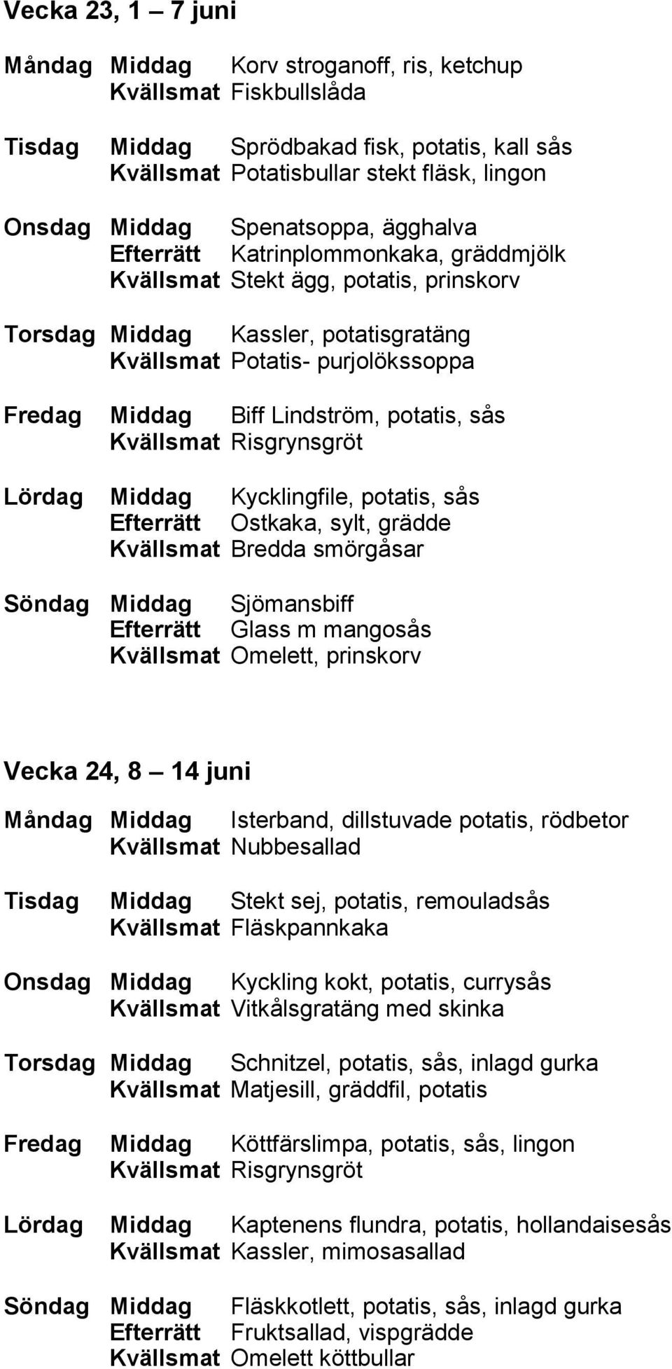 Lindström, potatis, sås Lördag Middag Kycklingfile, potatis, sås Efterrätt Ostkaka, sylt, grädde Kvällsmat Bredda smörgåsar Söndag Middag Sjömansbiff Efterrätt Glass m mangosås Kvällsmat Omelett,