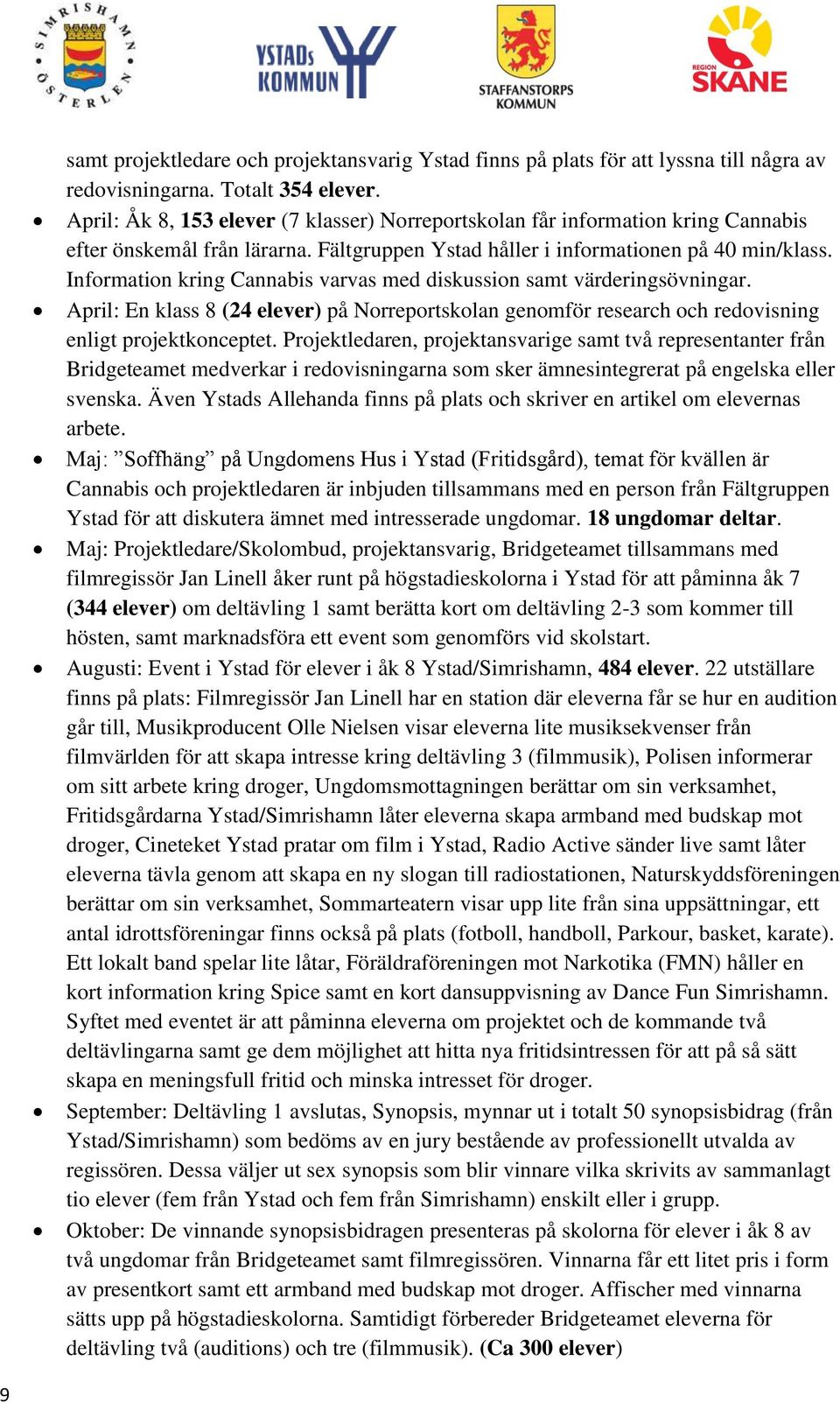 Information kring Cannabis varvas med diskussion samt värderingsövningar. April: En klass 8 (24 elever) på Norreportskolan genomför research och redovisning enligt projektkonceptet.