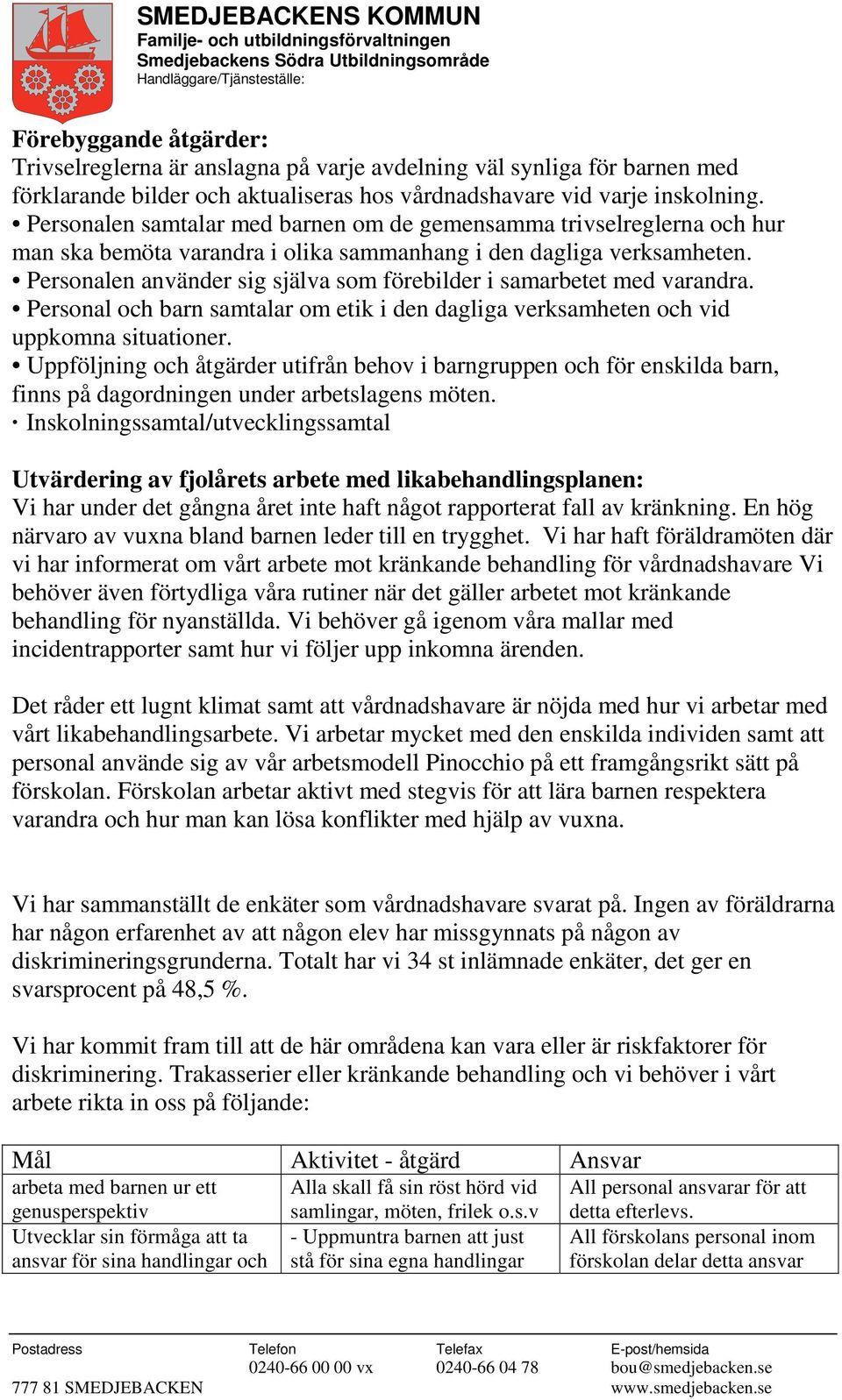 Personalen använder sig själva som förebilder i samarbetet med varandra. Personal och barn samtalar om etik i den dagliga verksamheten och vid uppkomna situationer.