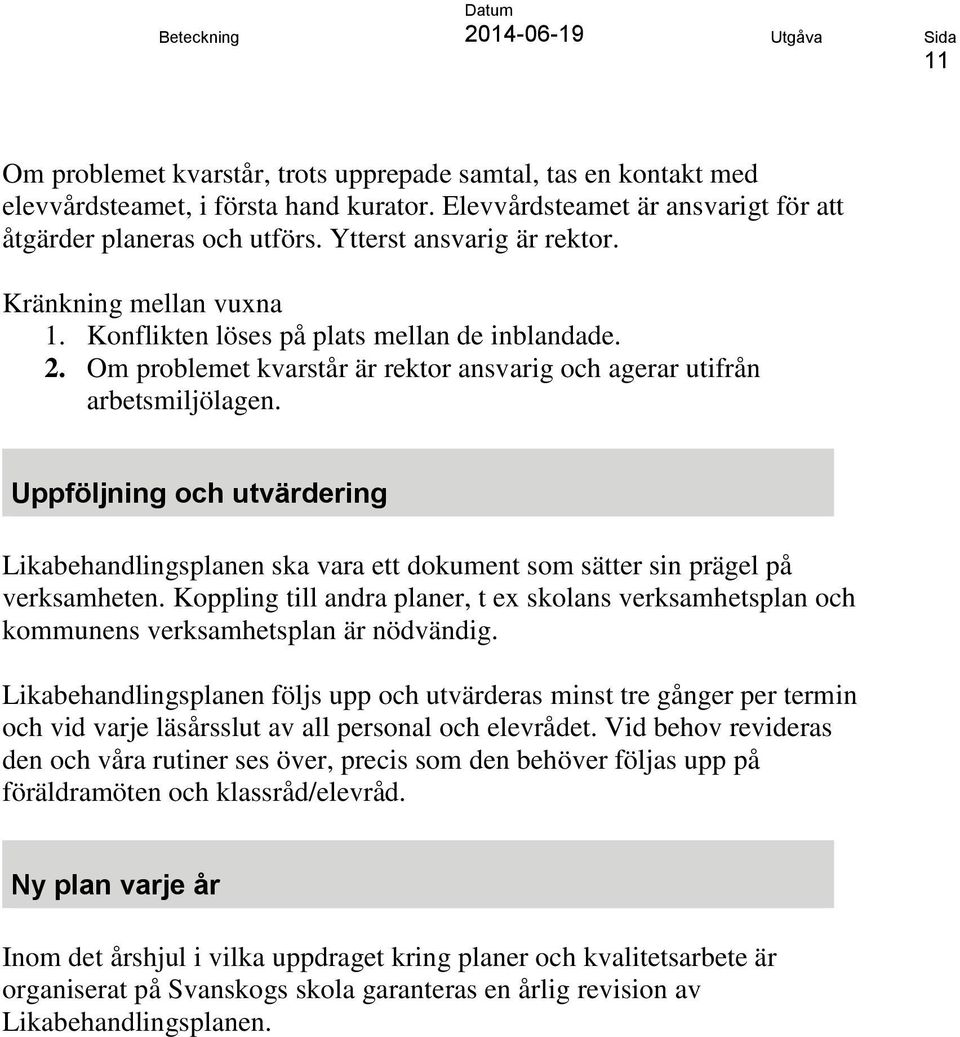 Uppföljning och utvärdering Likabehandlingsplanen ska vara ett dokument som sätter sin prägel på verksamheten.