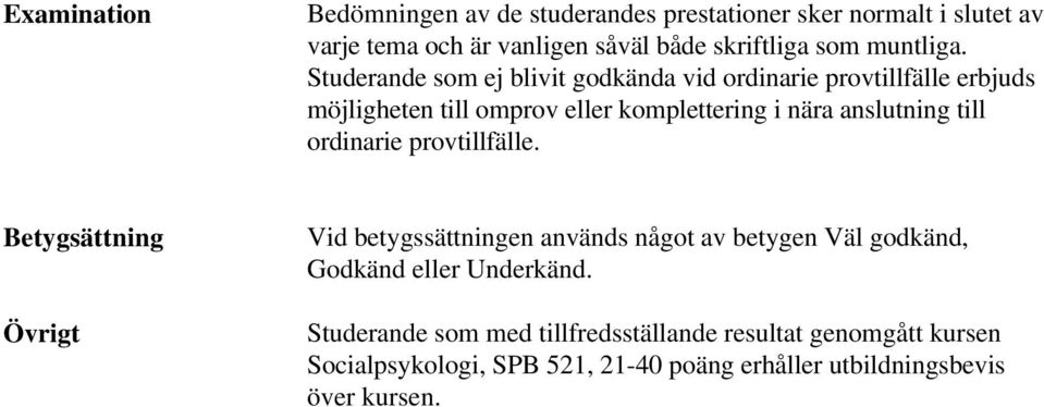 Studerande som ej blivit godkända vid ordinarie provtillfälle erbjuds möjligheten till omprov eller komplettering i nära anslutning till