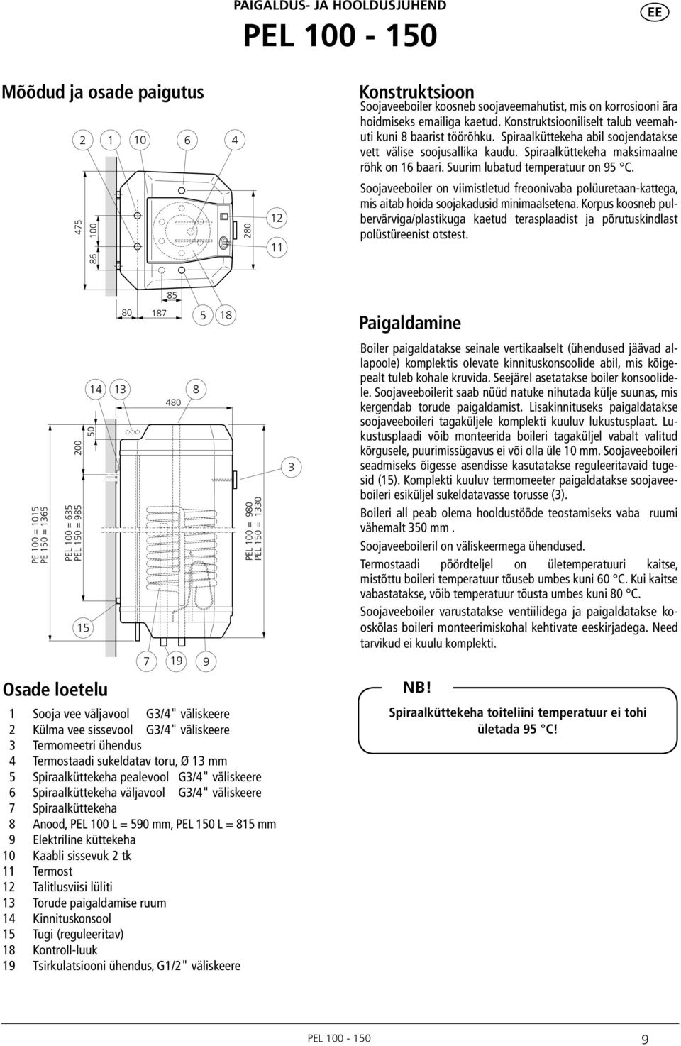 Suurim lubatud temperatuur on 9 C. Soojaveeboiler on viimistletud freoonivaba polüuretaan-kattega, mis aitab hoida soojakadusid minimaalsetena.