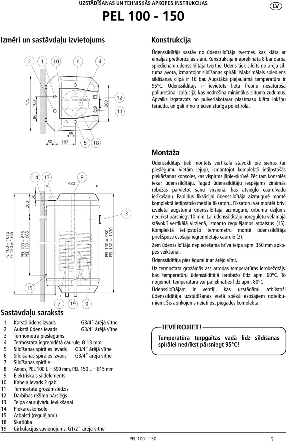 Maksimālais spiediens sildīšanas cilpā ir 16 bar. Augstākā pieļaujamā temperatūra ir 9 C.