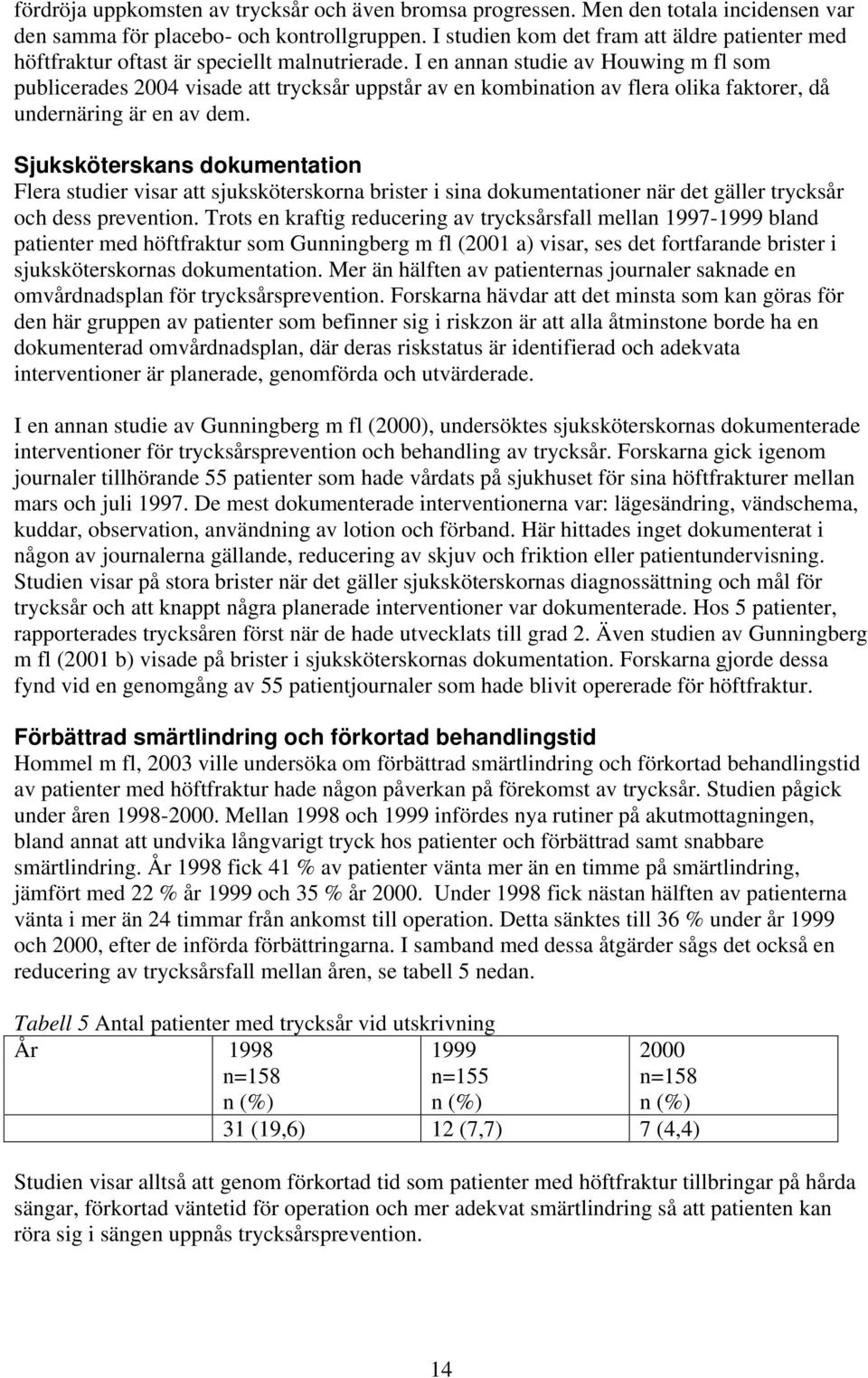 I en annan studie av Houwing m fl som publicerades 2004 visade att trycksår uppstår av en kombination av flera olika faktorer, då undernäring är en av dem.