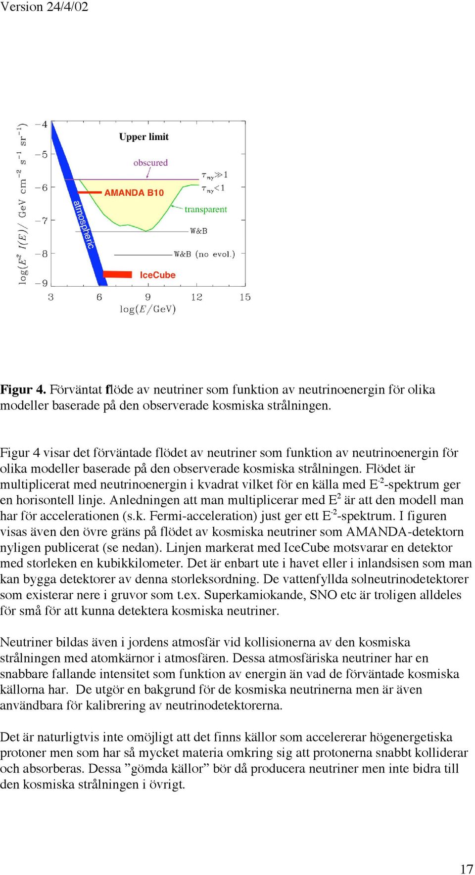 Flödet är multiplicerat med neutrinoenergin i kvadrat vilket för en källa med E -2 -spektrum ger en horisontell linje.