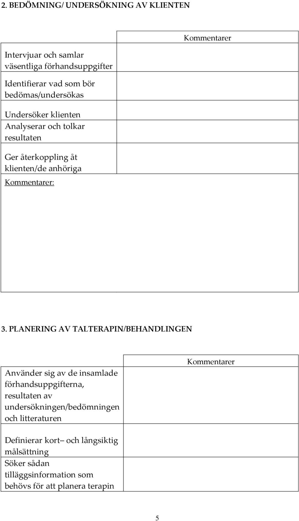 PLANERING AV TALTERAPIN/BEHANDLINGEN Använder sig av de insamlade förhandsuppgifterna, resultaten av undersökningen/bedömningen