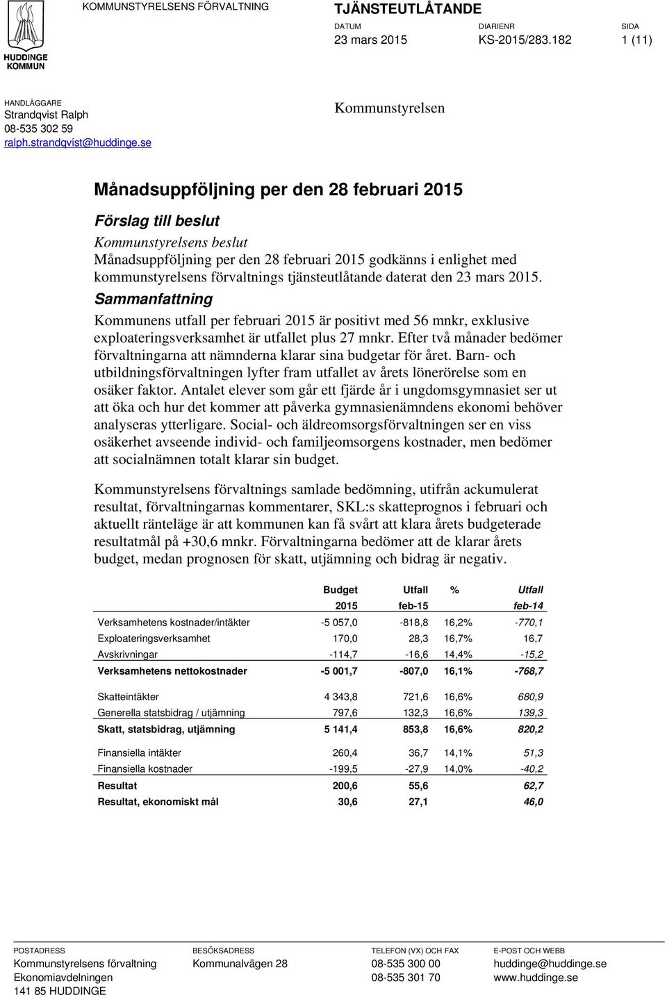 förvaltnings tjänsteutlåtande daterat den 23 mars 2015. Sammanfattning Kommunens utfall per februari 2015 är positivt med 56 mnkr, exklusive exploateringsverksamhet är utfallet plus 27 mnkr.