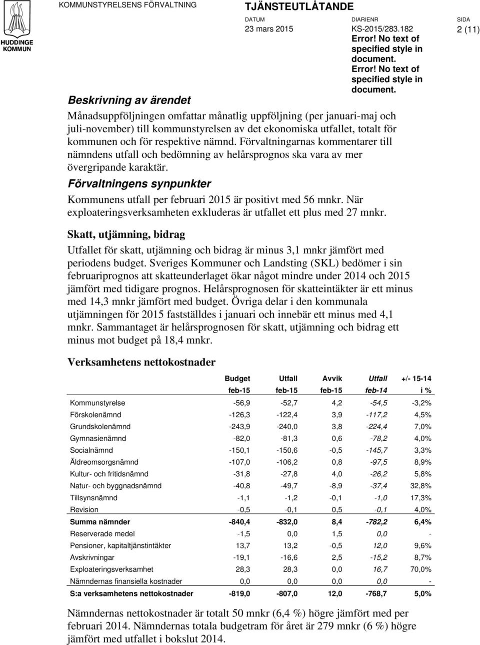 Beskrivning av ärendet Månadsuppföljningen omfattar månatlig uppföljning (per januari-maj och juli-november) till kommunstyrelsen av det ekonomiska utfallet, totalt för kommunen och för respektive