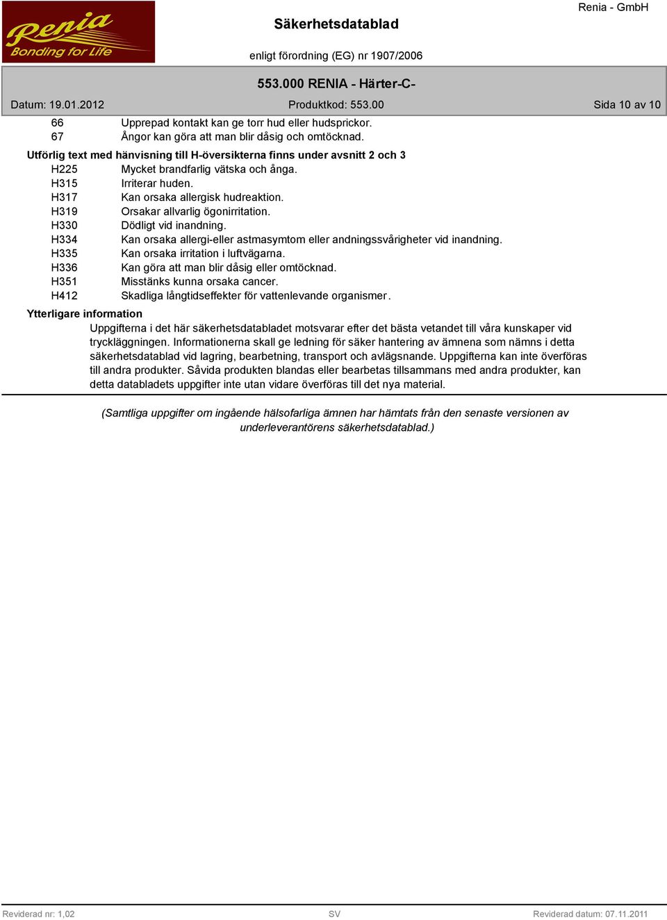 H19 Orsakar allvarlig ögonirritation. H0 Dödligt vid inandning. H4 Kan orsaka allergi-eller astmasymtom eller andningssvårigheter vid inandning. H5 Kan orsaka irritation i luftvägarna.