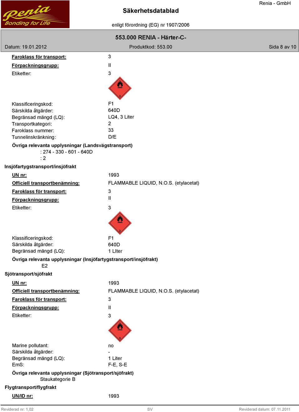 Förpackningsgrupp: Etiketter: 199 FLAMMABLE LIQUID, N.O.S.