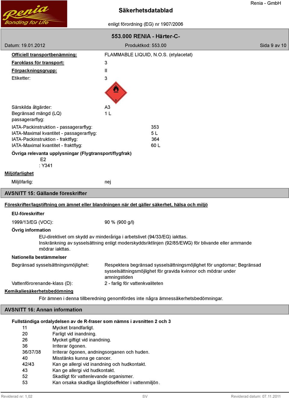 (Flygtransport/flygfrak) E2 : Y41 Miljöfarlighet Miljöfarlig: nej 5 5 L 64 60 L AVSNITT 15: Gällande föreskrifter Föreskrifter/lagstiftning om ämnet eller blandningen när det gäller säkerhet, hälsa