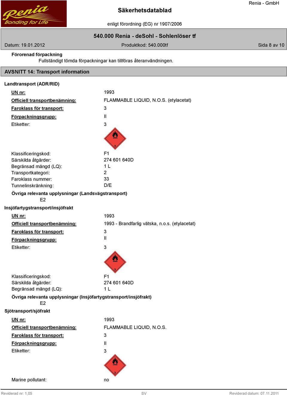 Klassificeringskod: F1 Särskilda åtgärder: 274 601 640D Begränsad mängd (LQ): 1 L Transportkategori: 2 Faroklass nummer: Tunnelinskränkning: D/E Övriga relevanta upplysningar (Landsvägstransport) E2