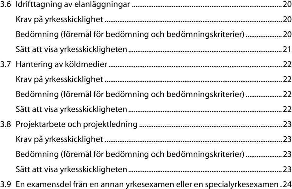 .. 22 Bedömning (föremål för bedömning och bedömningskriterier)... 22 Sätt att visa yrkesskickligheten... 22 3.8 Projektarbete och projektledning.