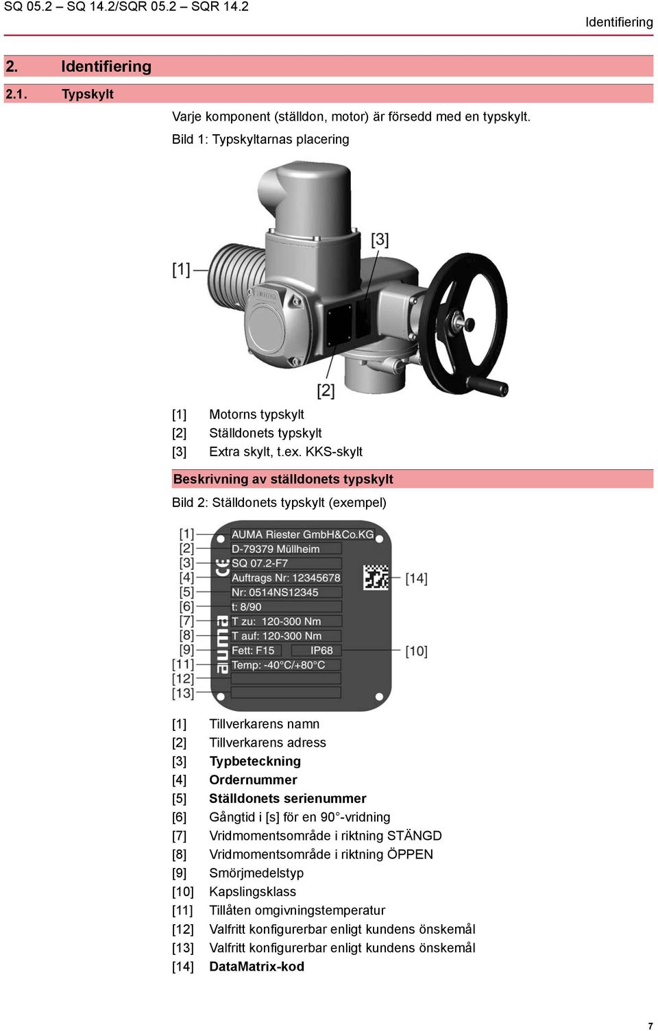 KKS-skylt Beskrivning av ställdonets typskylt Bild 2: Ställdonets typskylt (exempel) [1] Tillverkarens namn [2] Tillverkarens adress [3] Typbeteckning [4] Ordernummer [5] Ställdonets