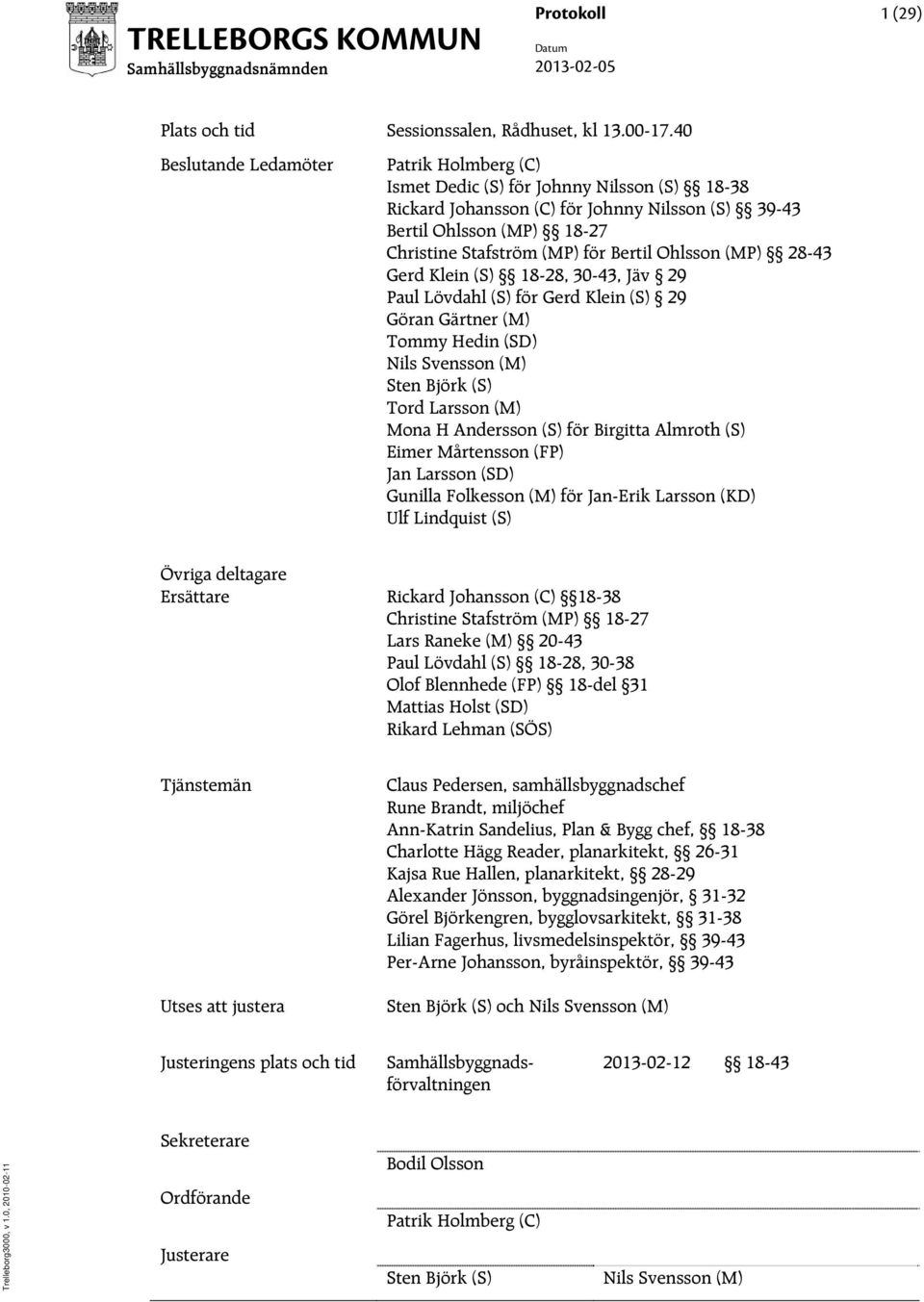 Ohlsson (MP) 28-43 Gerd Klein (S) 18-28, 30-43, Jäv 29 Paul Lövdahl (S) för Gerd Klein (S) 29 Göran Gärtner (M) Tommy Hedin (SD) Nils Svensson (M) Sten Björk (S) Tord Larsson (M) Mona H Andersson (S)