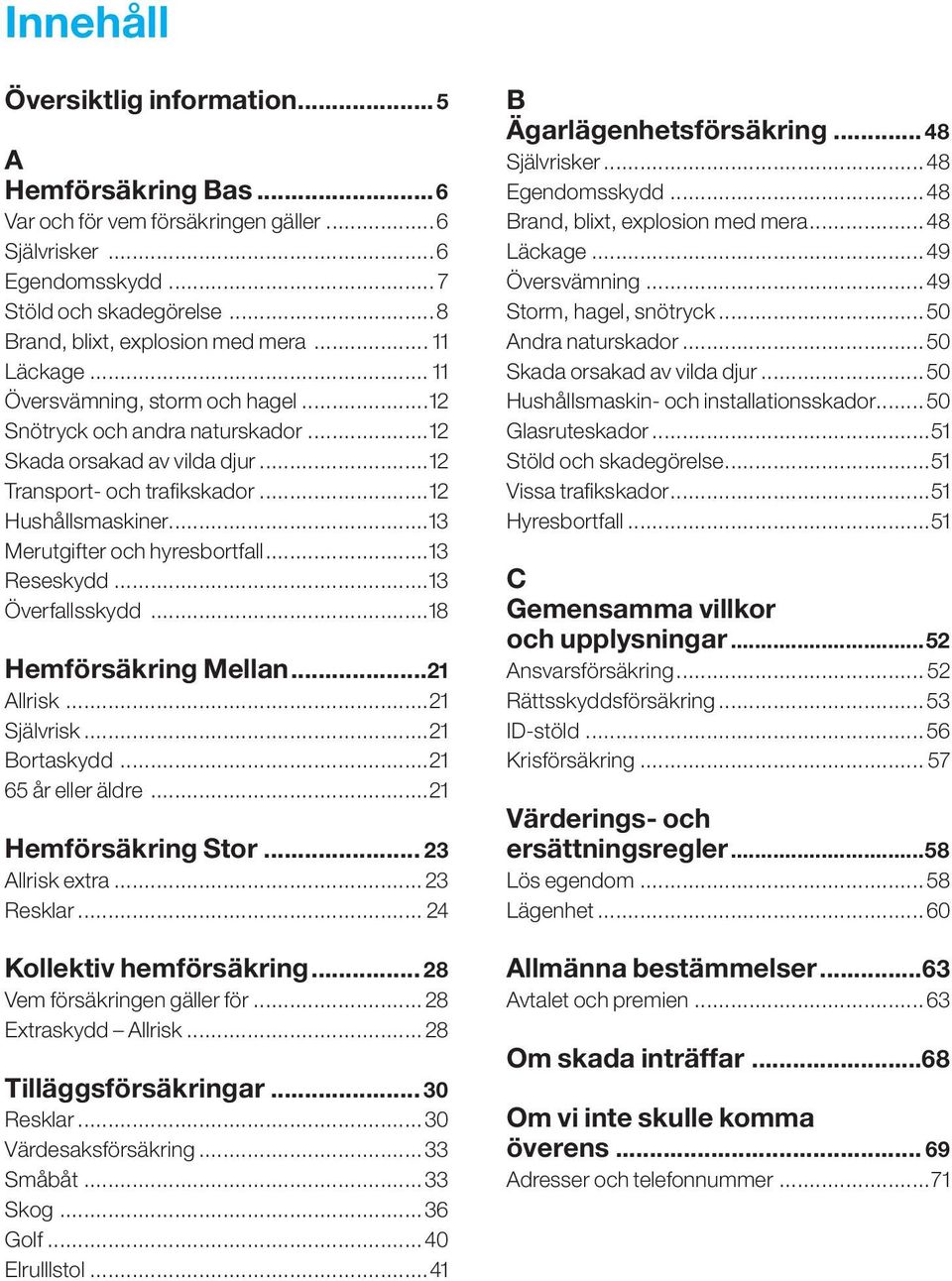 ..13 Merutgifter och hyresbortfall...13 Reseskydd...13 Överfallsskydd...18 Hemförsäkring Mellan...21 Allrisk...21 Självrisk...21 Bortaskydd...21 65 år eller äldre...21 Hemförsäkring Stor.