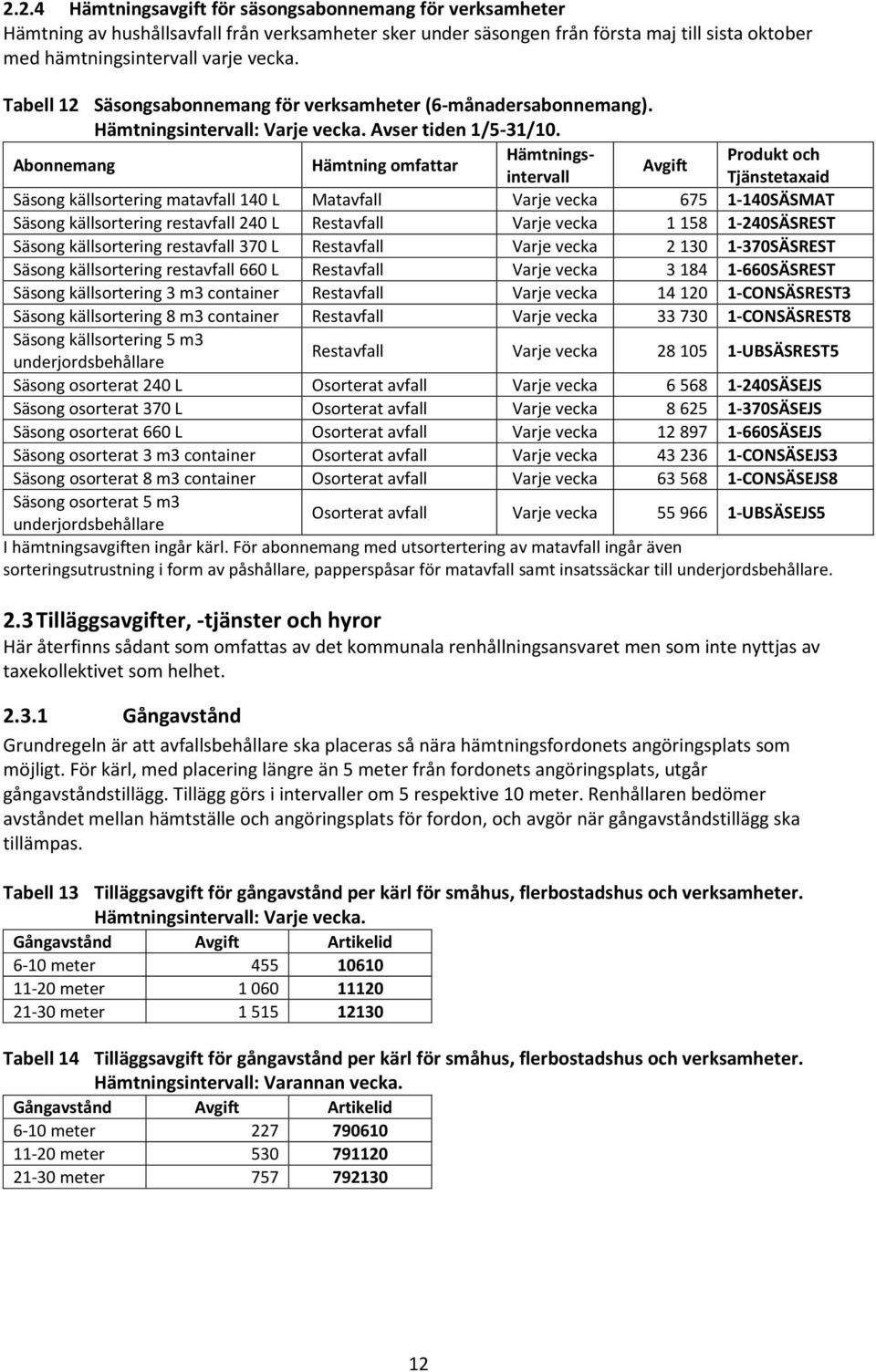 Tjänstetaxaid Produkt och Säsong källsortering matavfall 140 L Matavfall Varje vecka 675 1-140SÄSMAT Säsong källsortering restavfall 240 L Restavfall Varje vecka 1 158 1-240SÄSREST Säsong