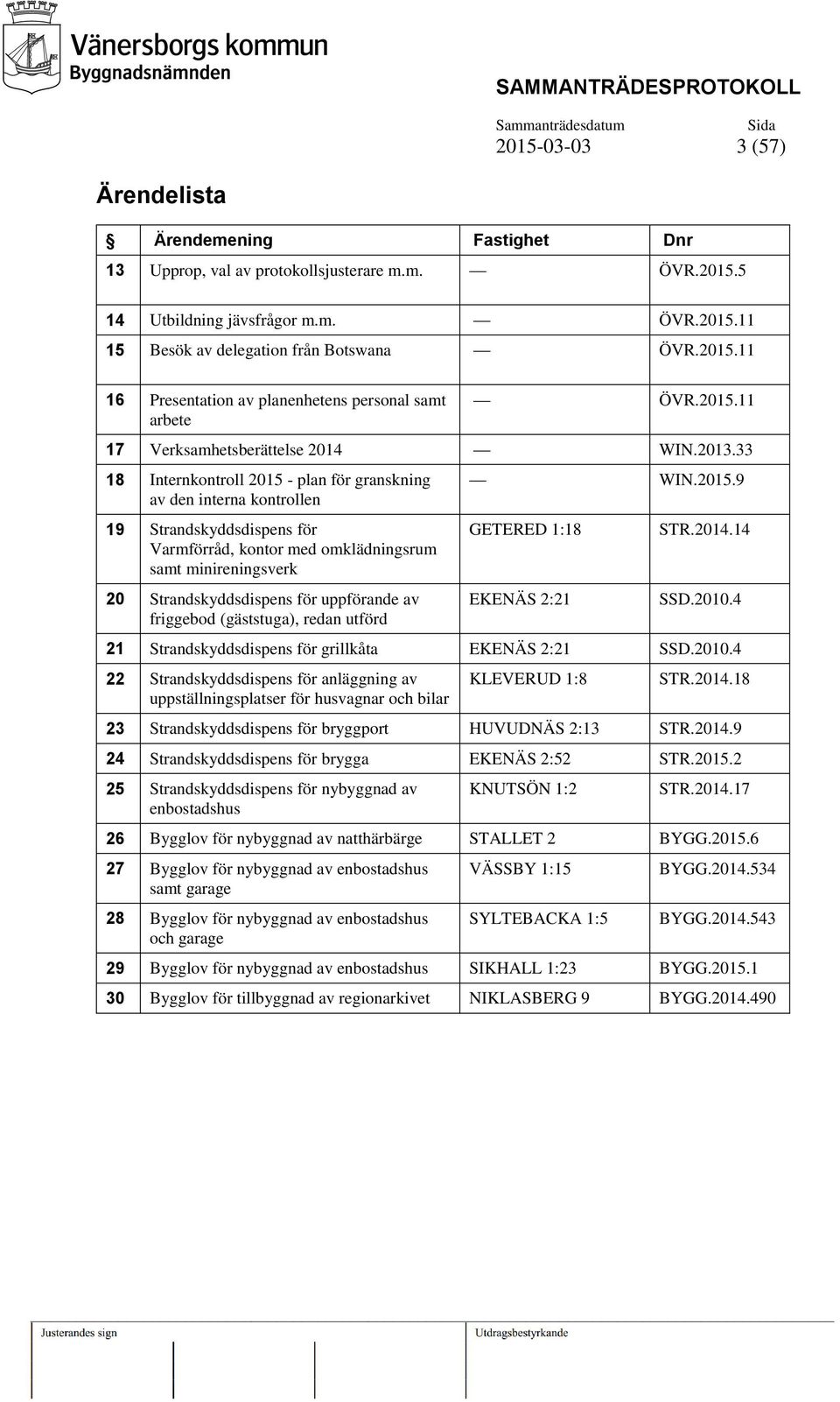 33 18 Internkontroll 2015 - plan för granskning av den interna kontrollen 19 Strandskyddsdispens för Varmförråd, kontor med omklädningsrum samt minireningsverk 20 Strandskyddsdispens för uppförande