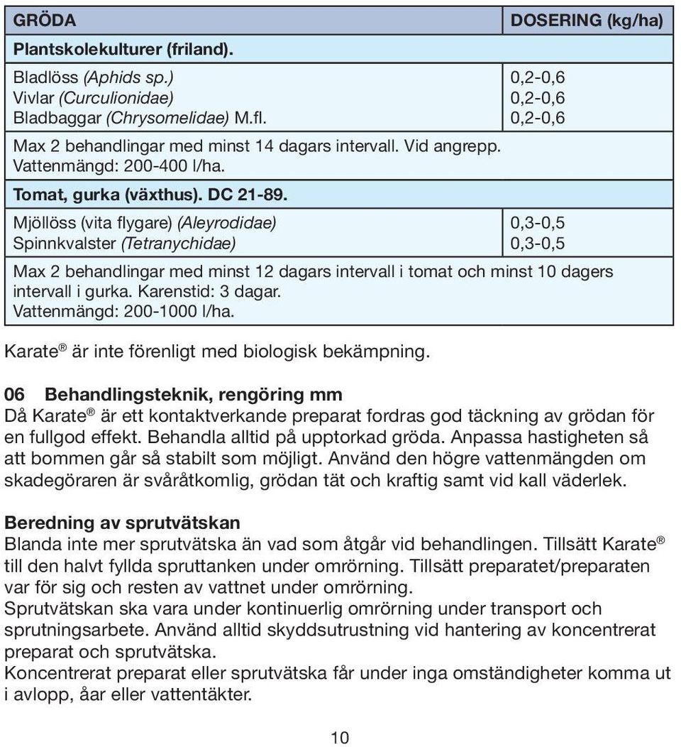 Mjöllöss (vita flygare) (Aleyrodidae) Spinnkvalster (Tetranychidae) 10 DOSERING (kg/ha) 0,2-0,6 0,2-0,6 0,2-0,6 Max 2 behandlingar med minst 12 dagars intervall i tomat och minst 10 dagers intervall