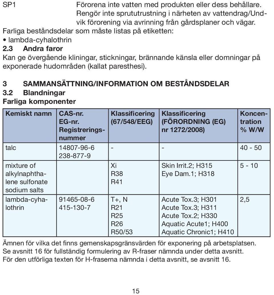 3 Andra faror Kan ge övergående kliningar, stickningar, brännande känsla eller domningar på exponerade hudområden (kallat paresthesi). 3 SAMMANSÄTTNING/INFORMATION OM BESTÅNDSDELAR 3.