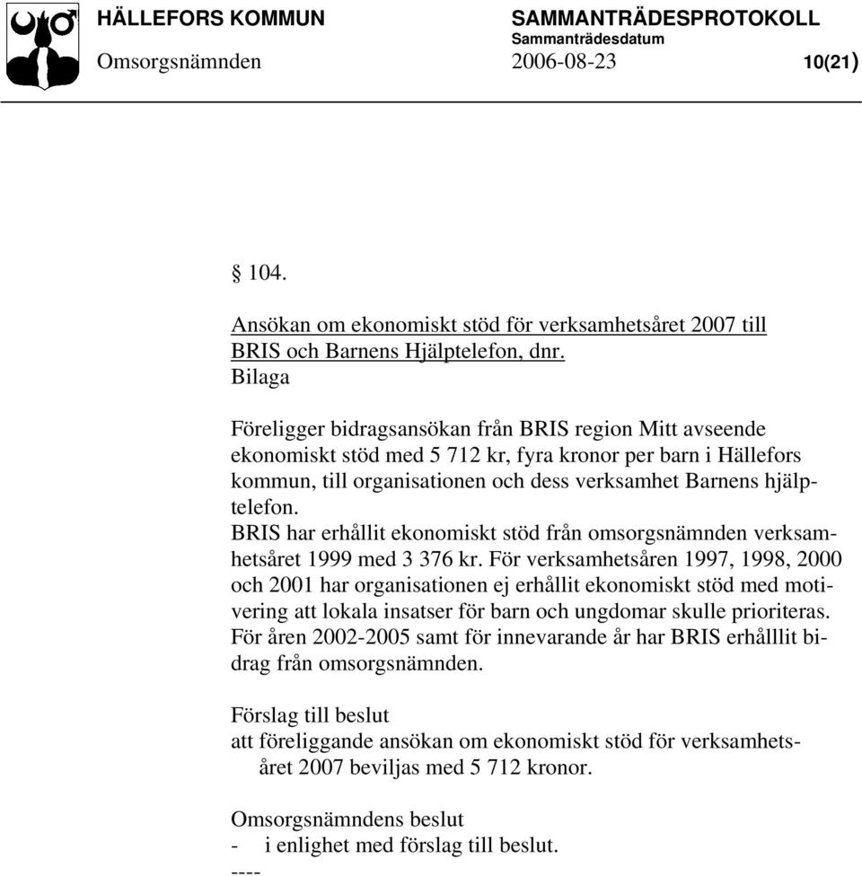 BRIS har erhållit ekonomiskt stöd från omsorgsnämnden verksamhetsåret 1999 med 3 376 kr.