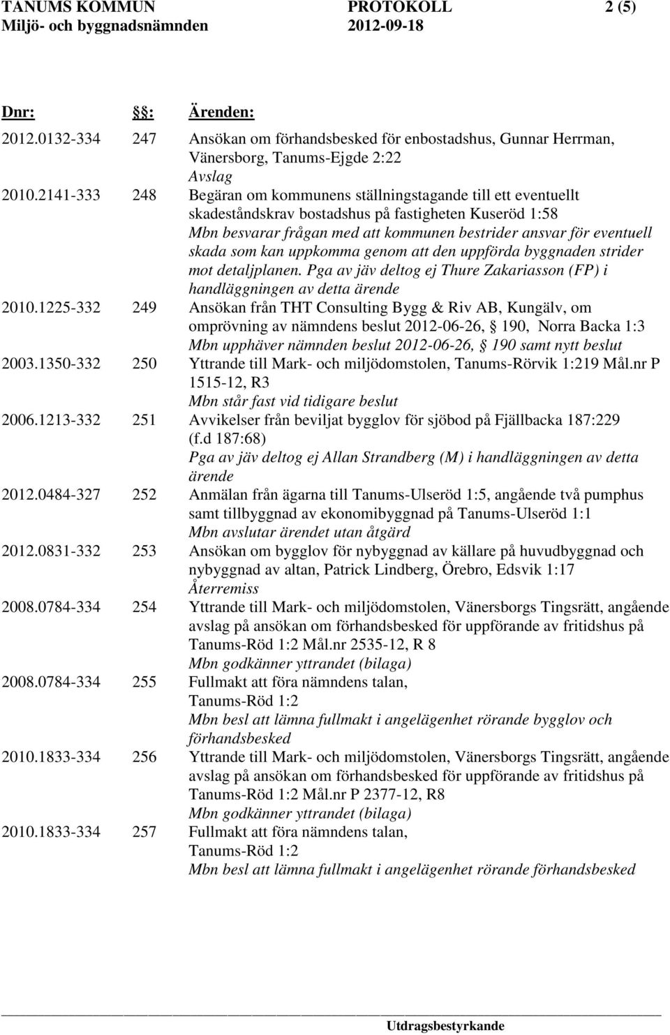 skada som kan uppkomma genom att den uppförda byggnaden strider mot detaljplanen. Pga av jäv deltog ej Thure Zakariasson (FP) i handläggningen av detta ärende 2010.