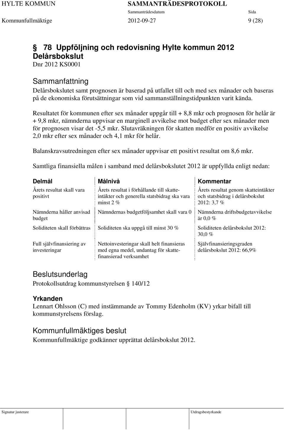 Resultatet för kommunen efter sex månader uppgår till + 8,8 mkr och prognosen för helår är + 9,8 mkr, nämnderna uppvisar en marginell avvikelse mot budget efter sex månader men för prognosen visar