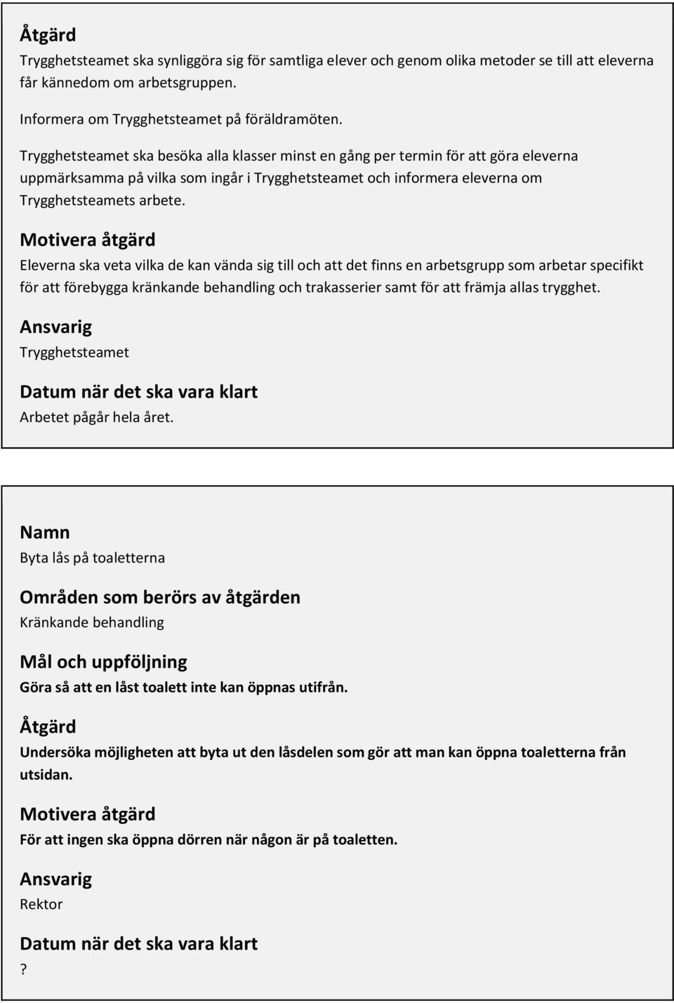 Motivera åtgärd Eleverna ska veta vilka de kan vända sig till och att det finns en arbetsgrupp som arbetar specifikt för att förebygga kränkande behandling och trakasserier samt för att främja allas