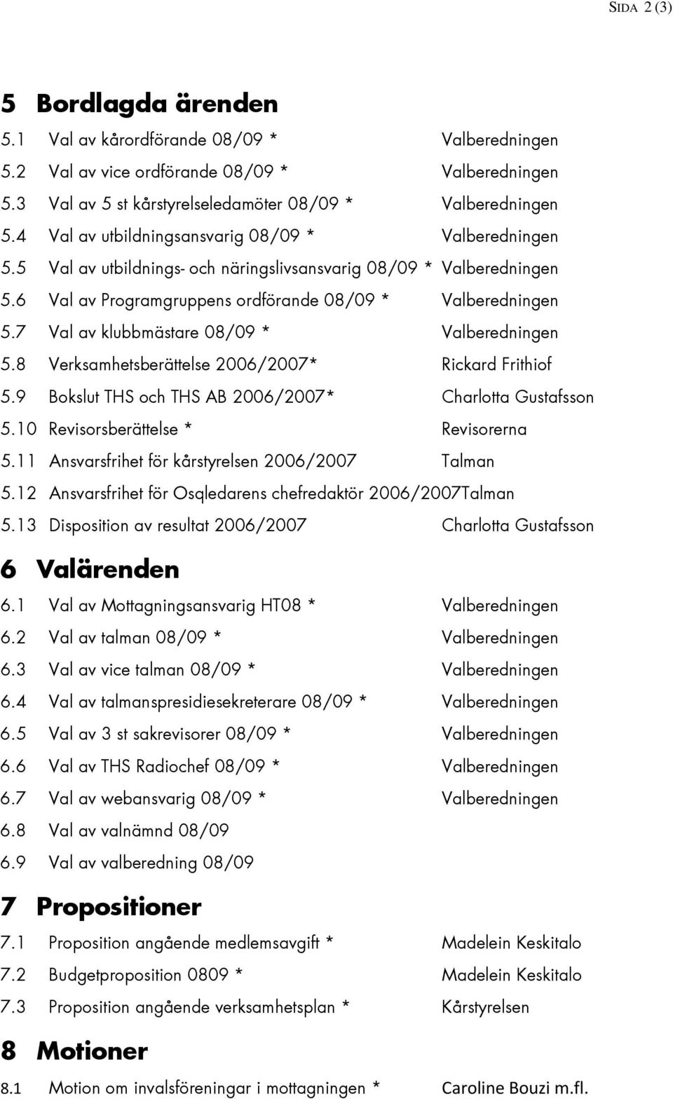 7 Val av klubbmästare 08/09 * Valberedningen 5.8 Verksamhetsberättelse 2006/2007* Rickard Frithiof 5.9 Bokslut THS och THS AB 2006/2007* Charlotta Gustafsson 5.10 Revisorsberättelse * Revisorerna 5.