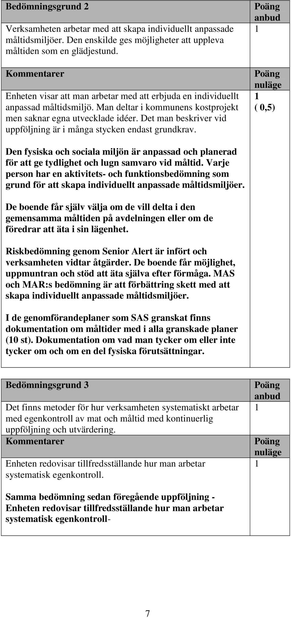 Det man beskriver vid uppföljning är i många stycken endast grundkrav. ( ) Den fysiska och sociala miljön är anpassad och planerad för att ge tydlighet och lugn samvaro vid måltid.