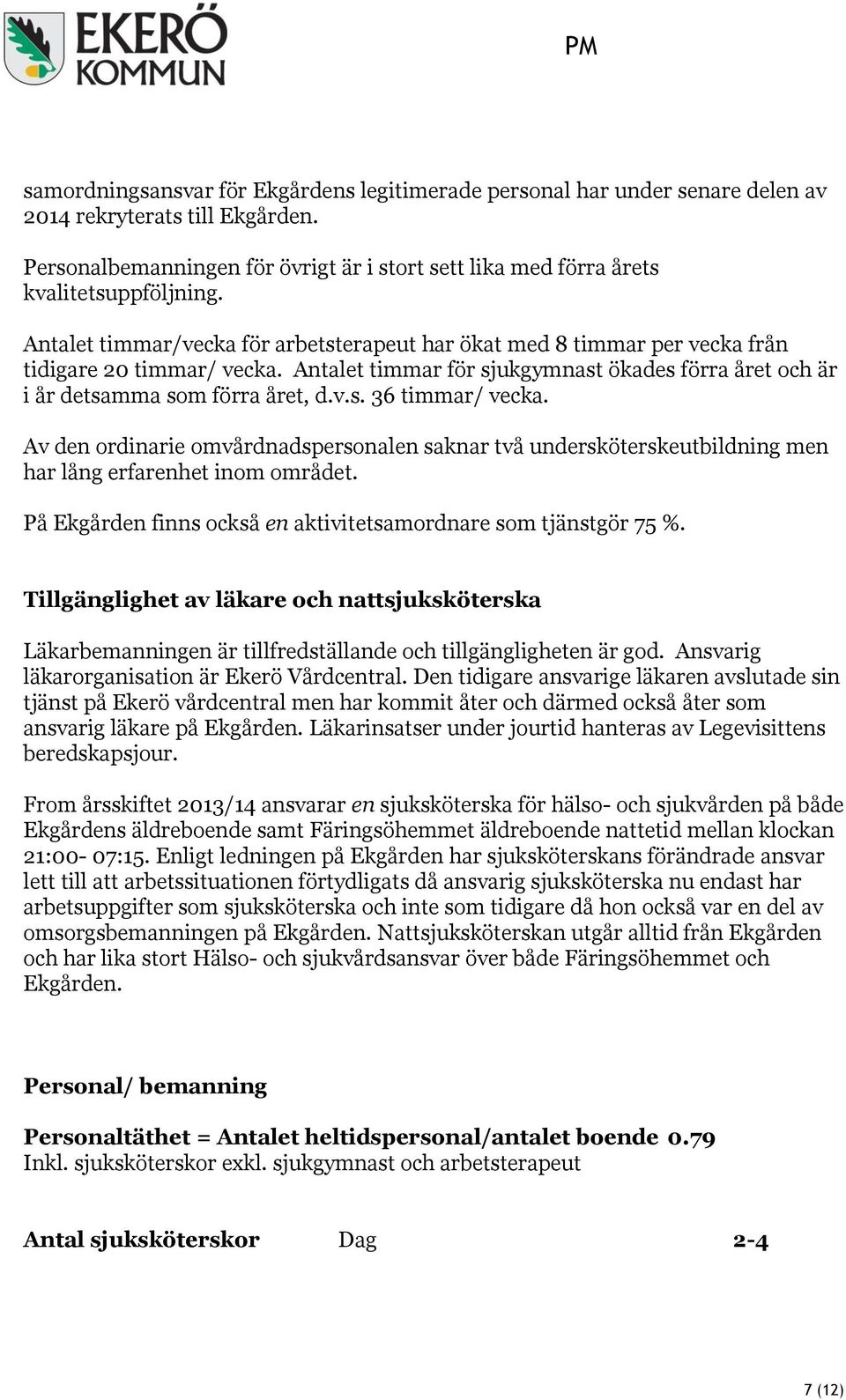 Antalet timmar för sjukgymnast ökades förra året och är i år detsamma som förra året, d.v.s. 36 timmar/ vecka.