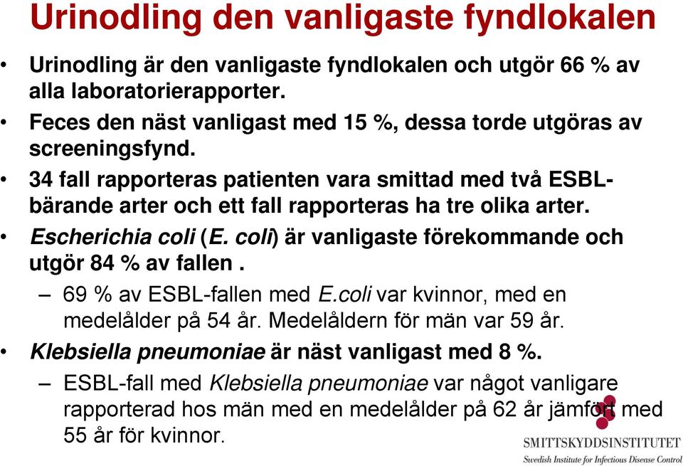 34 fall rapporteras patienten vara smittad med två ESBLbärande arter och ett fall rapporteras ha tre olika arter. Escherichia coli (E.