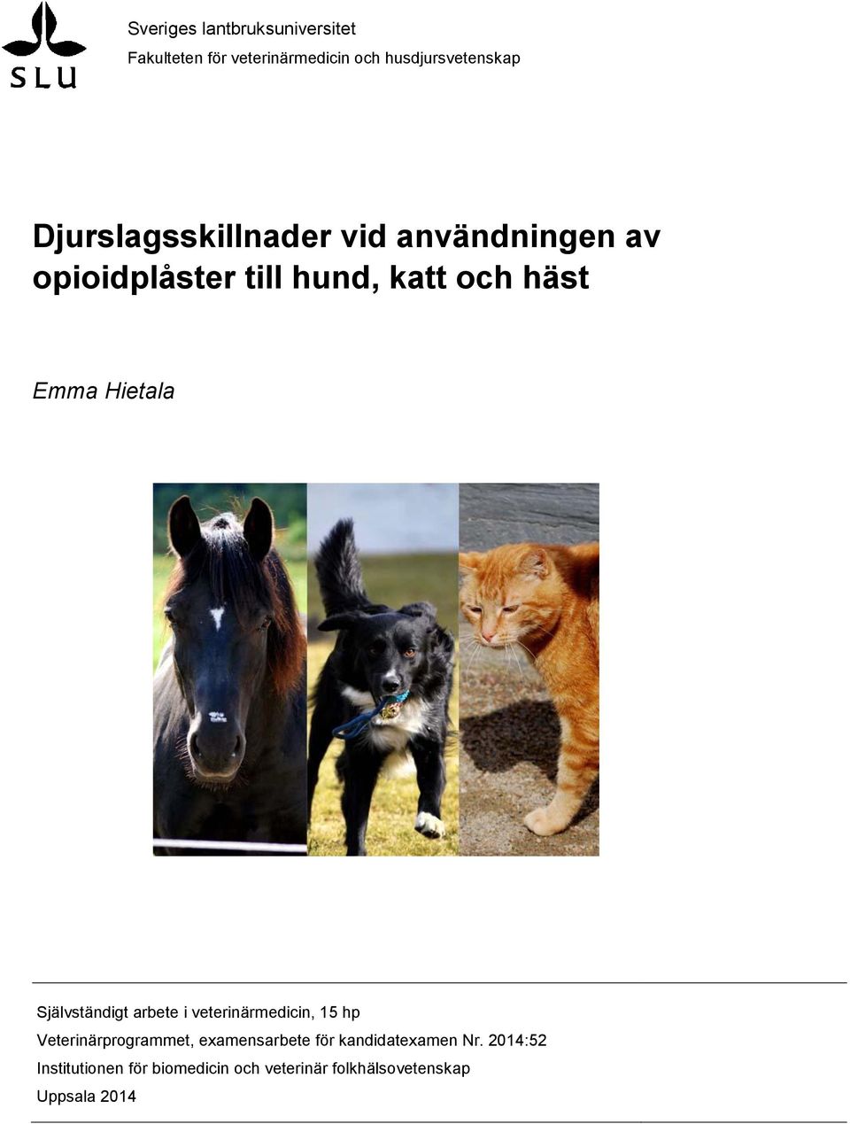 Hietala Självständigt arbete i veterinärmedicin, 15 hp Veterinärprogrammet, examensarbete