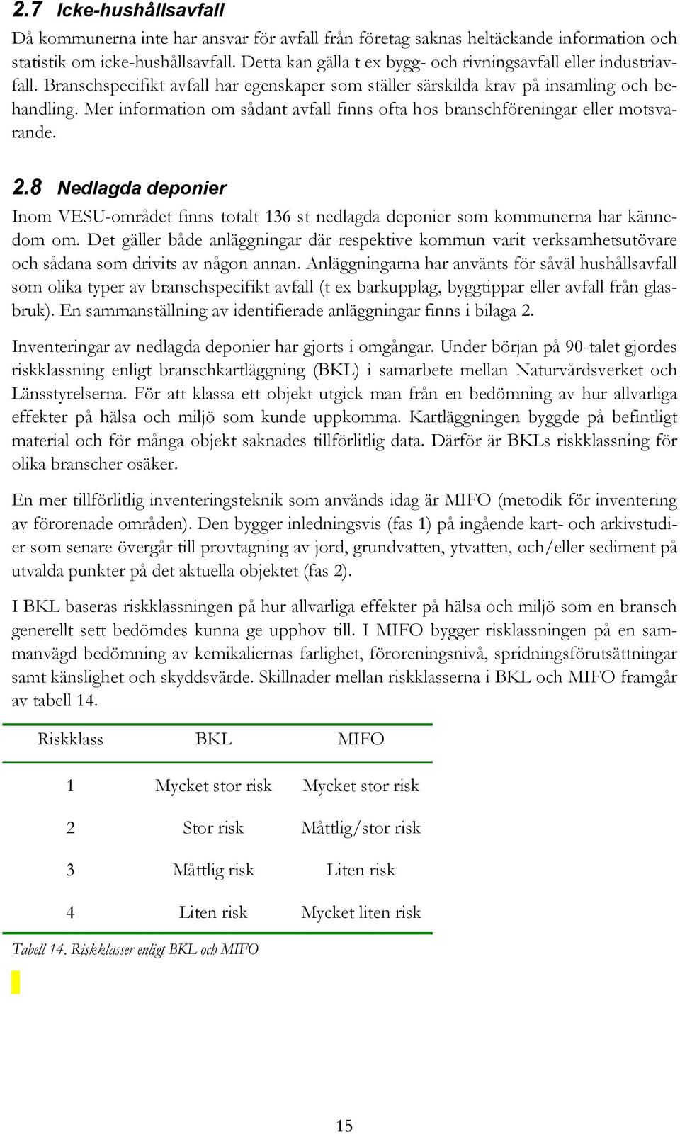 Mer information om sådant avfall finns ofta hos branschföreningar eller motsvarande. 2.8 Nedlagda deponier Inom VESU-området finns totalt 136 st nedlagda deponier som kommunerna har kännedom om.