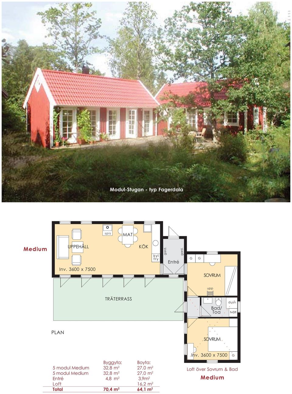 3600 x 7500 upp PLAN TRÄTERRASS Byggyta: Boyta: 5 modul Medium 32,8 m 2 27,0 m 2