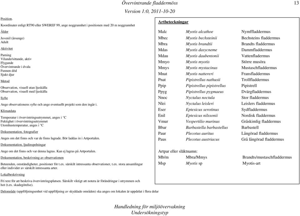 Funnen död Sjukt djur Metod Observation, visuell utan ljuskälla Observation, visuell med ljuskälla Syfte Ange observationens syfte och ange eventuellt projekt som den ingår i.