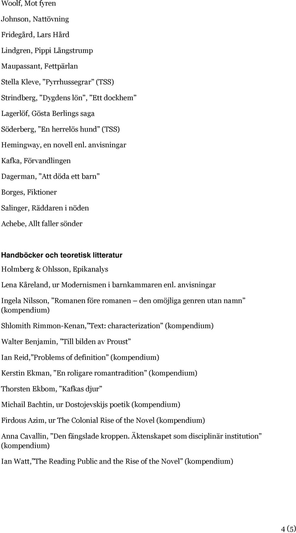 anvisningar Kafka, Förvandlingen Dagerman, Att döda ett barn Borges, Fiktioner Salinger, Räddaren i nöden Achebe, Allt faller sönder Holmberg & Ohlsson, Epikanalys Lena Kåreland, ur Modernismen i