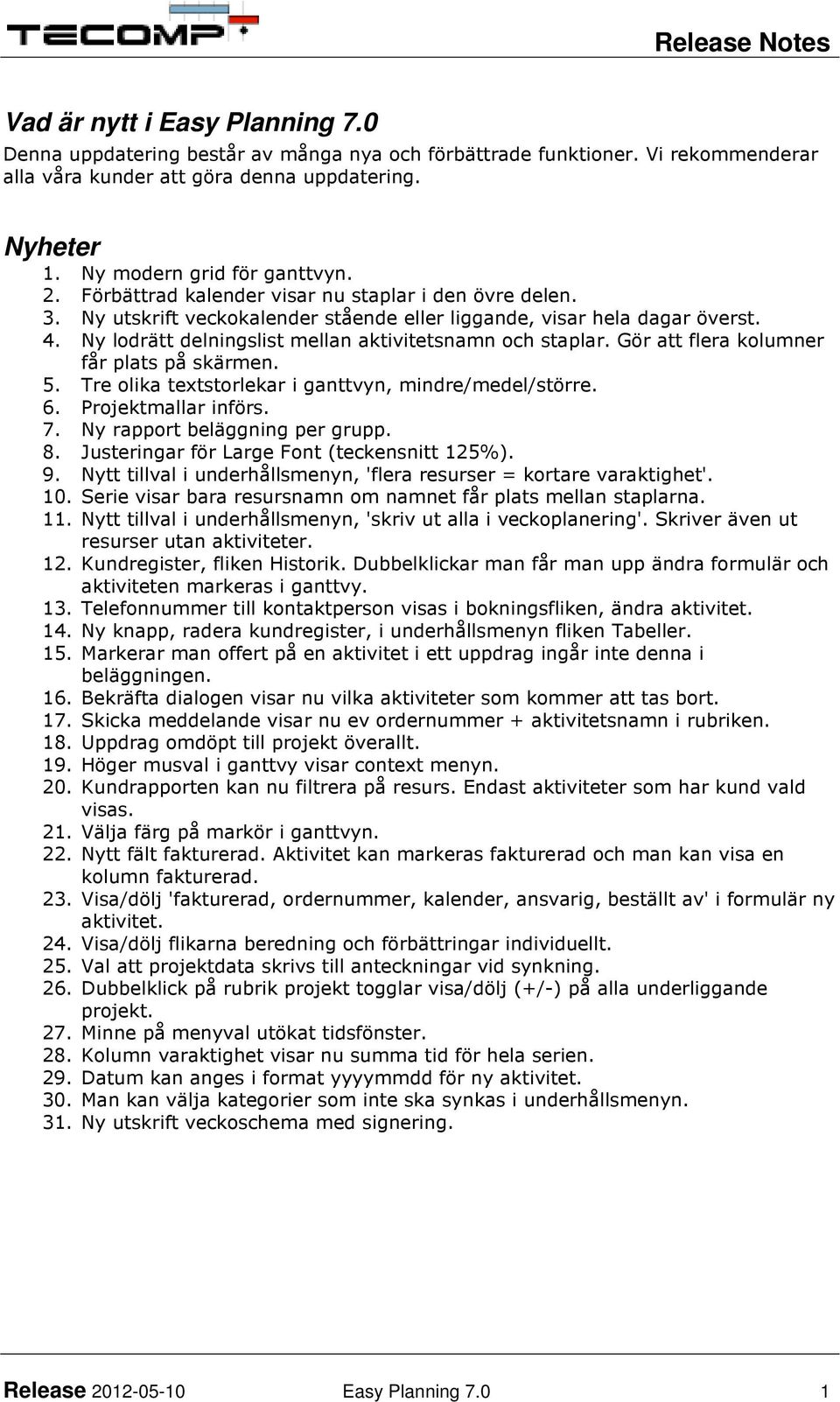 Gör att flera kolumner får plats på skärmen. 5. Tre olika textstorlekar i ganttvyn, mindre/medel/större. 6. Projektmallar införs. 7. Ny rapport beläggning per grupp. 8.