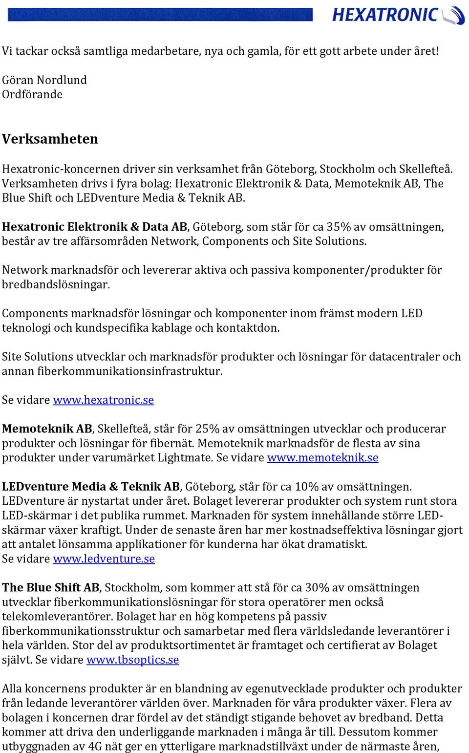 Verksamheten drivs i fyra bolag: Hexatronic Elektronik & Data, Memoteknik AB, The Blue Shift och LEDventure Media & Teknik AB.