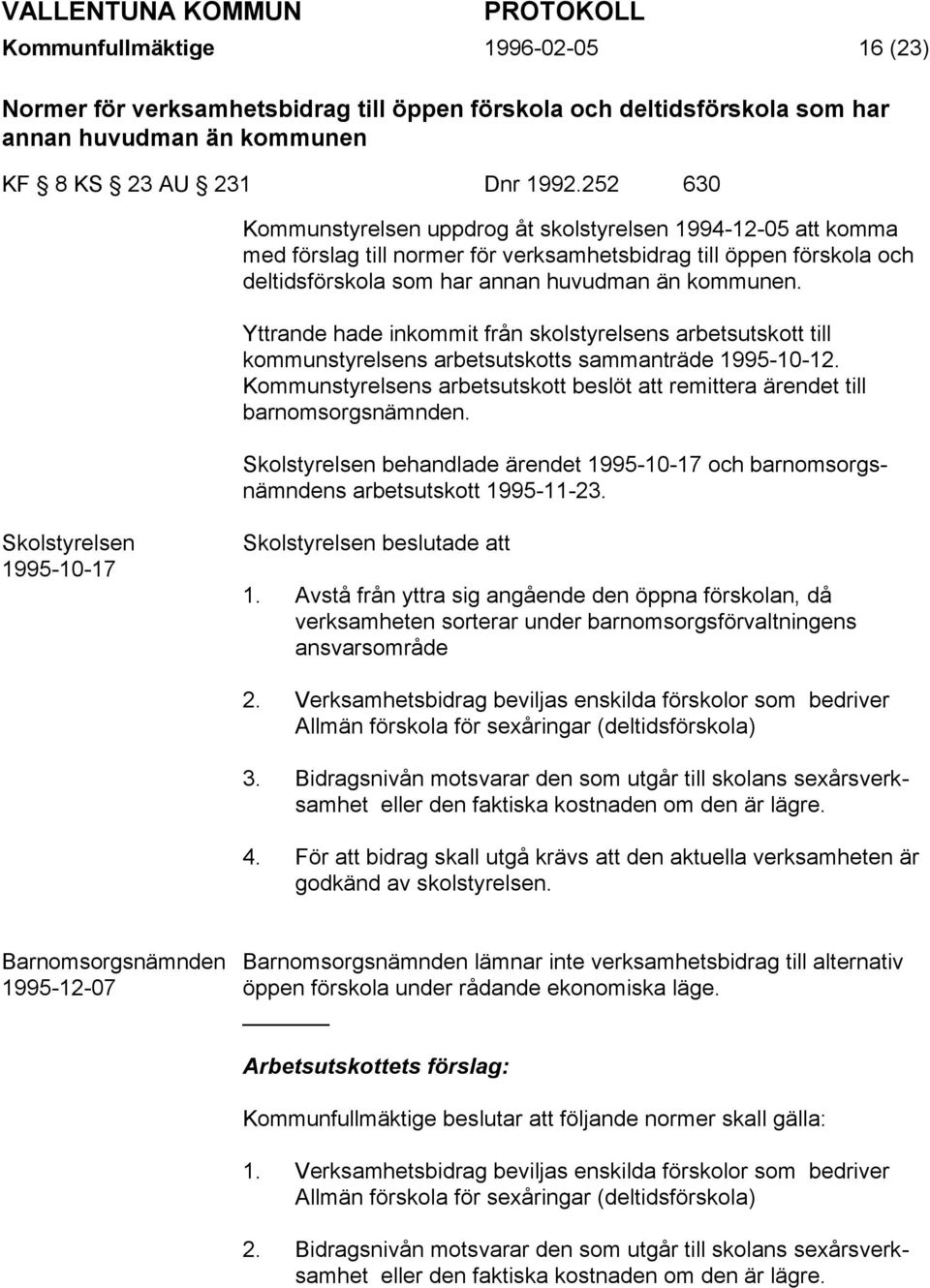 Yttrande hade inkommit från skolstyrelsens arbetsutskott till kommunstyrelsens arbetsutskotts sammanträde 1995-10-12.