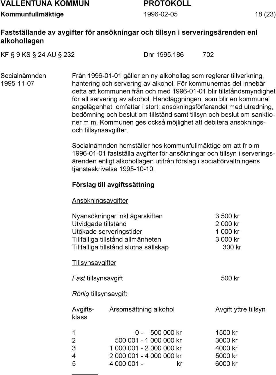 För kommunernas del innebär detta att kommunen från och med 1996-01-01 blir tillståndsmyndighet för all servering av alkohol.